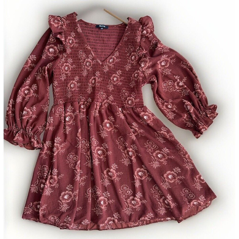 Madewell Lucie Floral V-Neck Smocked Mini Dress M Puff‎ Sleeve CottageCore $138